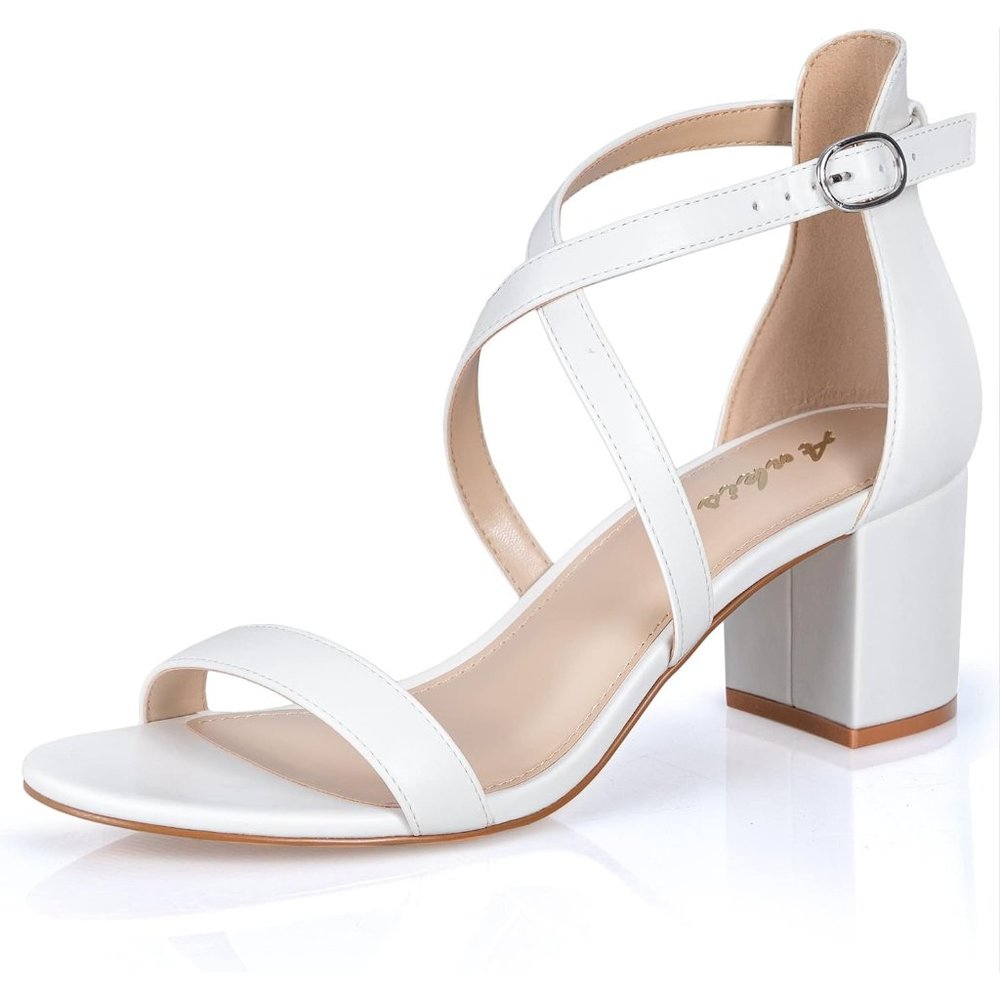 Women's White Strappy Block Heels Comfy Grace Sandals Open Toe Chunky Dress